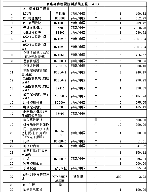 酒店客控清单报价